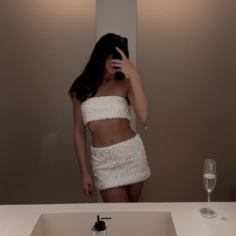 Arabella Velvet Iridescent Sequin Two Piece Set in White
